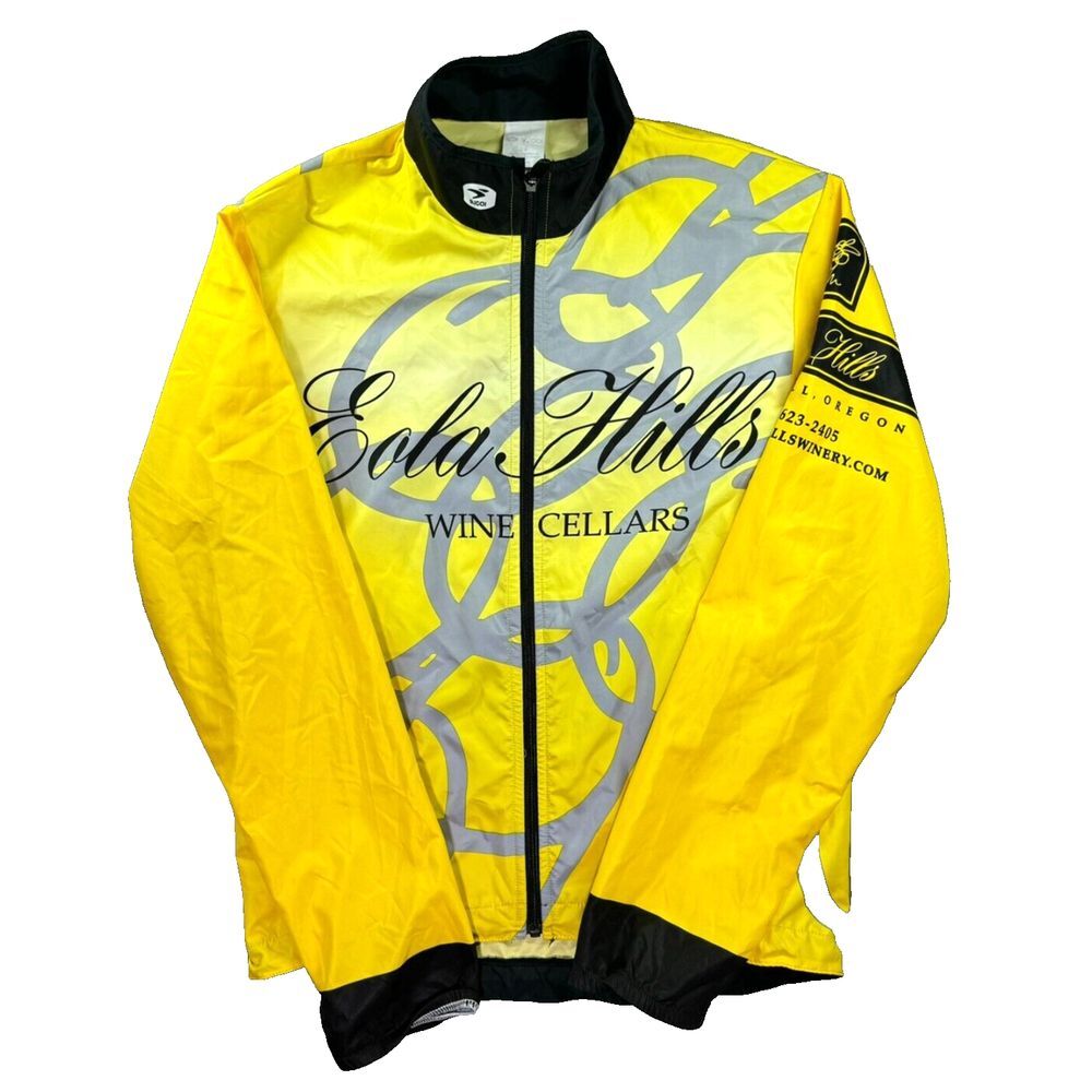 Sugoi Cycling Jacket Mens Small Yellow‎ Full Zip "Will Bike for Wine" Eola Hills